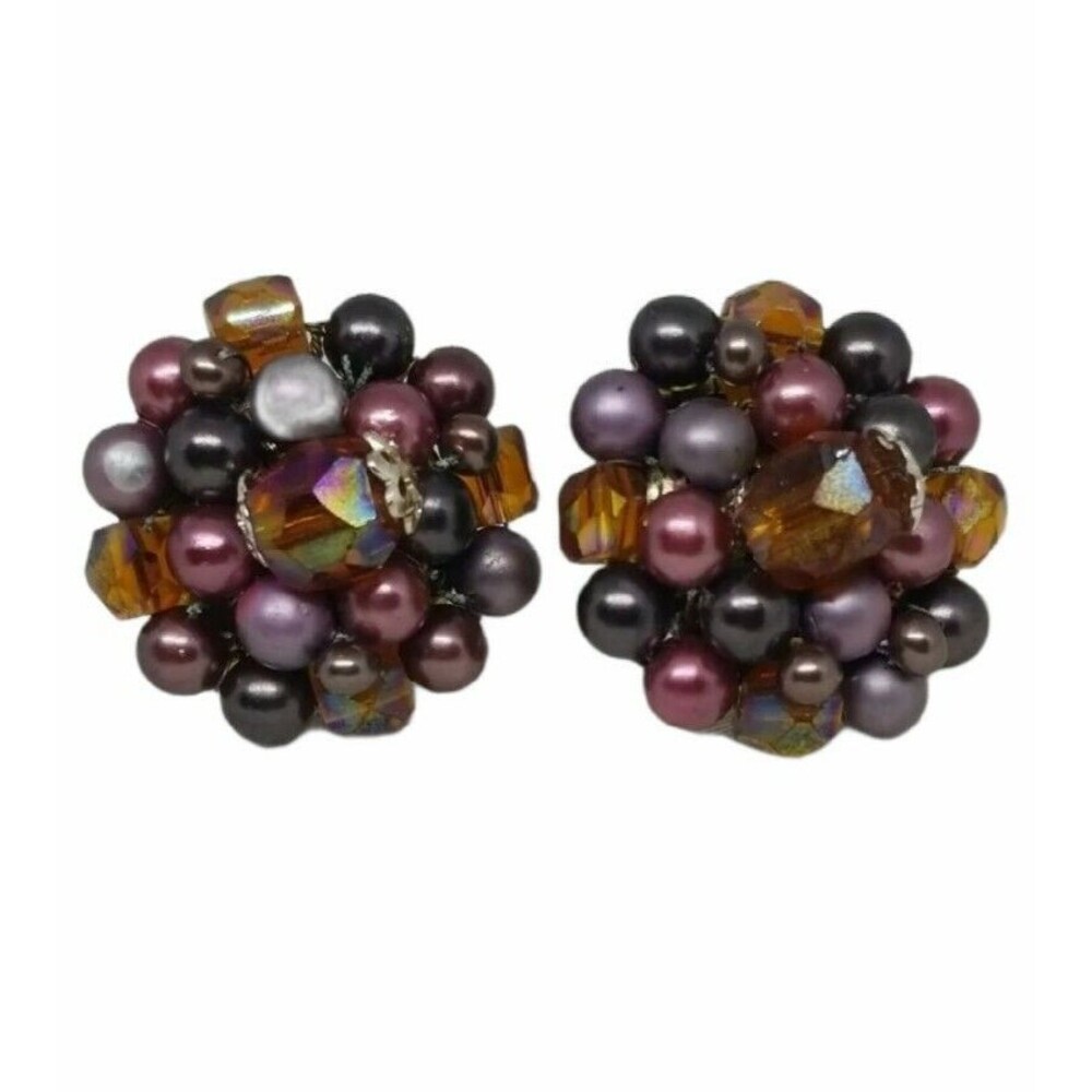 Vintage Cluster Earrings Clip On Estate Purple Crystals Beads Signed Japan